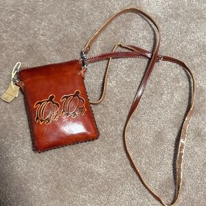 Brown Leather Crossbody Bag with Embossed Turtle Design
